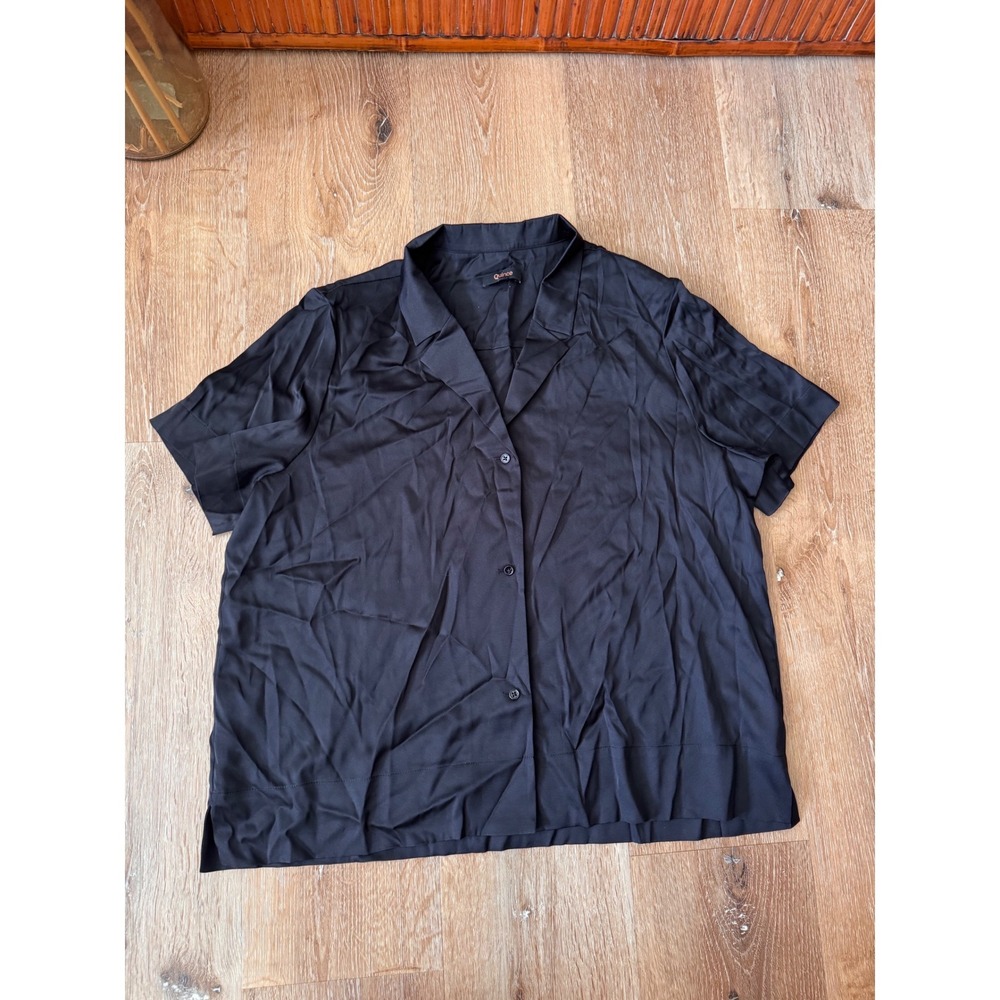 Quince Black Washable Stretch Silk Short Sleeve Notch Collar Blouse Size L